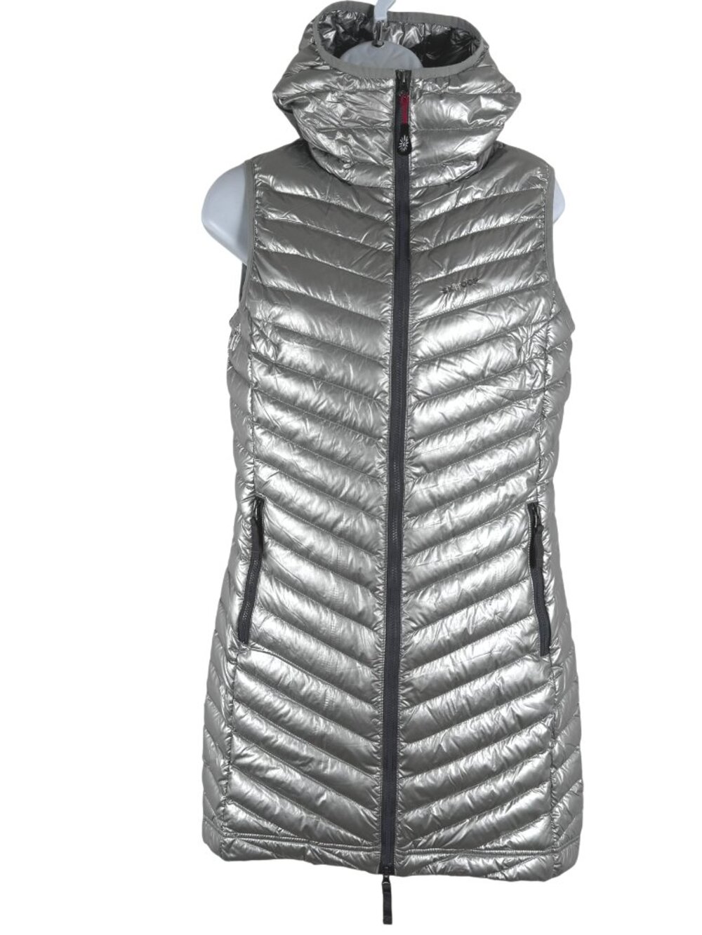 Skhoop Puffer Down Long Vest Small Silver Hooded Full Zip Nylon Outdoor CJ-2363